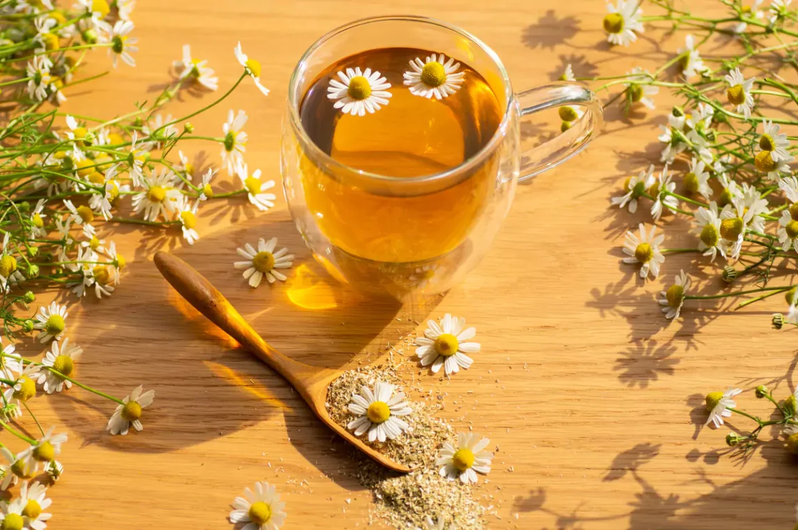 Glass mug of manzanilla tea on a wooden table surrounded by fresh chamomile flowers and a wooden spoon filled with dried chamomile, highlighting its calming, floral qualities.